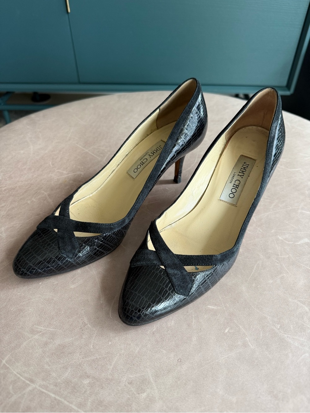 Jimmy Choo Black Croc-Textured Pointed Toe Pumps